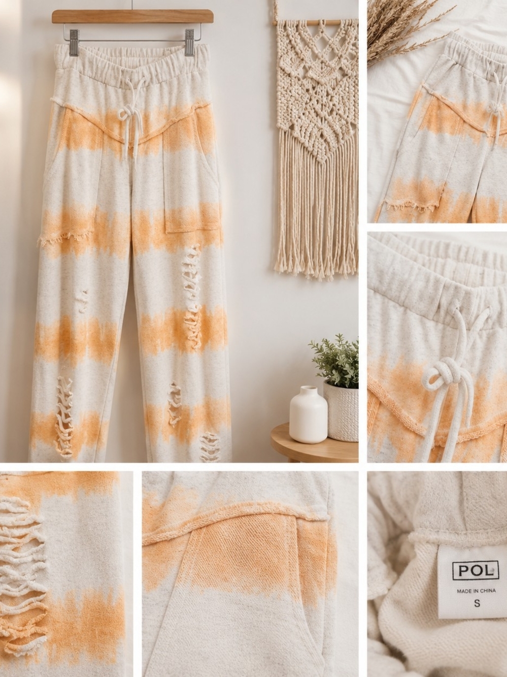 POL Women's Cream & Orange Tie-Dye Distressed Lounge Pants
